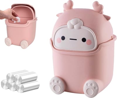 Prullenbak Mini Tafelafvalemmer met Deksel 100 Vuilniszakken Schattige Mini-Desktop-Vuilnisemmer - Roze