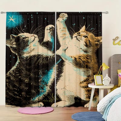 2 stuks Kat speelt Gedrukte Gordijn voor Huisdecoratie - Tunnel voor Roede Raambekleding voor Slaapkamer, Kantoor, Keuken, Woonkamer 52.5cmX116cm X 2pcs black