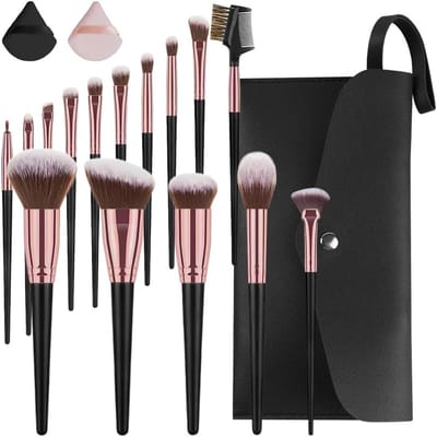 Professionele Make-up Borstels Set van 15 Stuks met PU Leren Tas en Poeder Puff - Ideaal voor Foundation, Oogschaduw en Blush Applicatie