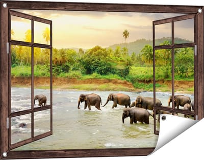 Gards Tuinposter Doorkijk Kudde Olifanten in het Water - 90x60 cm - Tuindoek - Tuindecoratie - Wanddecoratie buiten - Tuinschilderij