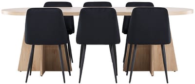 Bootcut eethoek tafel 115x230cm en 6 velours stoelen naturel.