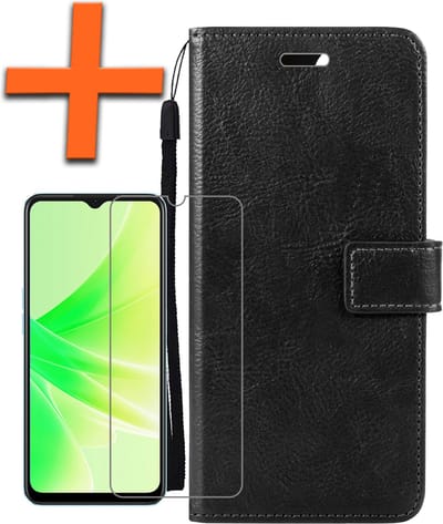 Hoes - Met Screenprotector - Geschikt voor OPPO A17 - Luxe Pasjeshouder - Bookcase Portemonee - Flip Case - Kunstleer Book Case - Flipcase - Book Cover - Walletcase - PortemonneeHoes - Zwart