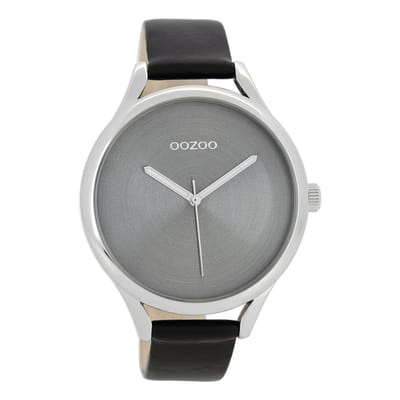 OOZOO Timepieces - Zilverkleurige horloge met zwarte leren band - C8634