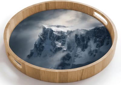 Dienblad rond 40x40 cm - Schootdienblad hout - Sneeuw - Berg - Wolken - Borrelplank rechthoek - Plateau houten dienbladen