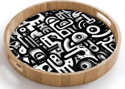 Dienblad rond 40x40 cm - Schootdienblad hout - Symbolen - Abstract - Grafisch - Zwart - Borrelplank rechthoek - Plateau houten dienbladen