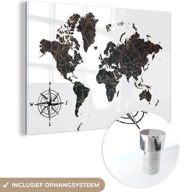 ® Glasschilderij 120x80 cm - Schilderij acrylglas - Wereldkaart - Zwart - Wit - Koper - Foto op glas - Muurdecoratie woonkamer - Wanddecoratie slaapkamer - Schilderijen