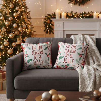 Urbane Hide Set van 2 Kerst Kussenhoezen incl. Gratis Kussenvulling - Kussenhoes - Kussenhoesjes - Tis the Season to Be Jolly Borduursel - 45x45 cm - Katoen - Wit/Rood
