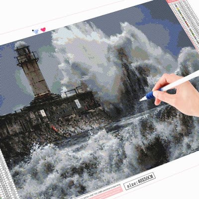 Peinture diamant thème phare, broderie complète 5d, paysage rond, point de croix 20X30CM gray