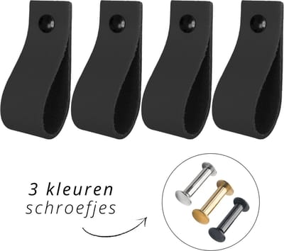 Handles and more - 4x Leren handgrepen - lusjes - Zwart - XS (12,6cm) - incl. 3 kleuren schroefjes (handgreepjes - leren greepjes - leren lusjes)