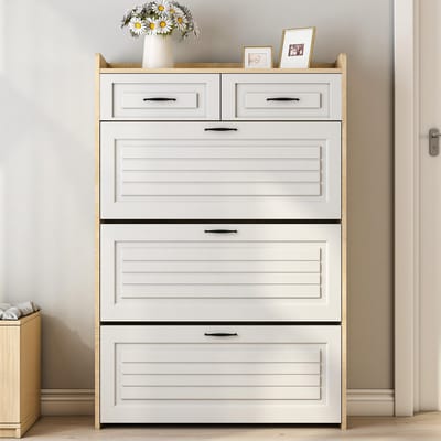 Schoenenkast - 80x131x23.5 cm - Draaibaar Met 3 Klappen en 2 Lades - Hout - Naturel