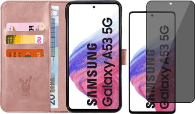Hoesje geschikt voor Samsung Galaxy A53 - Book Case Kunstleer Wallet Cover Portemonnee Pasjeshouder Hoes Roségoud - Tempered Glass Privacy Screenprotector