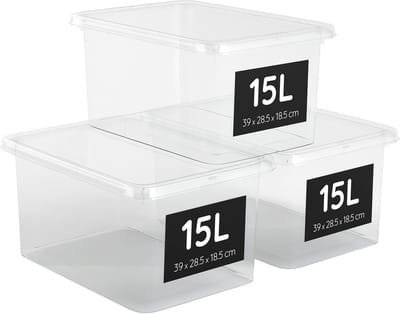 kleine opbergdozen van kunststof met deksel, stapelbaar en 100% transparant, opbergdoos met kliksluiting, BPA-vrij (15L)