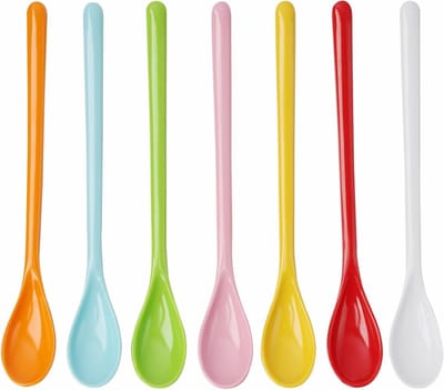 Set van 7 Lange Handvat Plastic Lepels, Antidruppel Jam Lepels, Kleurrijk Keukengerei voor Yoghurt, IJs en Dranken