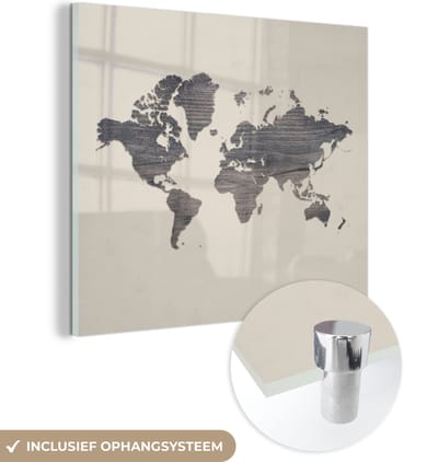 ® Glasschilderij 90x90 cm - Schilderij acrylglas - Wereldkaart - Hout - Beige - Foto op glas - Muurdecoratie woonkamer - Wanddecoratie slaapkamer - Schilderijen