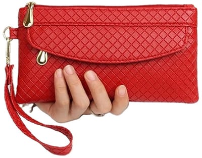 Luxe Dames Clutch Portemonee & Telfoonhouder in 1 I Met Pasjeshouder En Briefgeld Vakje I Met Polsband I Voor Brief & Muntgeld I Geruit Patroon I PU Leer I Rood