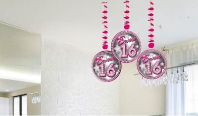 3x stuks Sweet 16 - Sixteen - leeftijd feest versiering rotorspiralen - 16e verjaardag - karton - meisjes