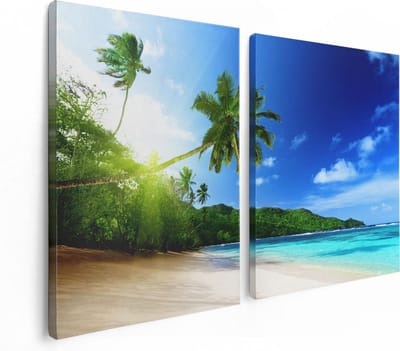 Artaza Canvas Schilderij Tweeluik Strand Tijdens Zonsondergang In Seychellen - 120x80 - Foto Op Canvas - Canvas Print
