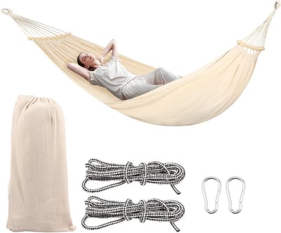 Campinghangmat - Draagbare hangmat - Buiten ontspannen - Canvas met hoge dichtheid - 200 x 150 cm - Beige wit