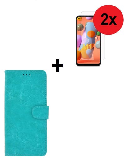 Geschikt voor Samsung Galaxy A11 hoes Effen Wallet Bookcase Hoesje Cover Turquoise + 2x Tempered Gehard Glas / Glazen screenprotector (2 stuks) Pearlycase