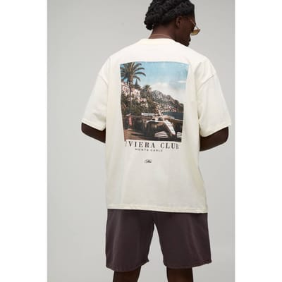 Oversized T-shirt & Short Set Met Verlengde Hals En Rivièra Locatie Print | Ecru | Size Large