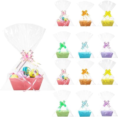 12-delige Geschenkmanden Set - 6 Kleuren Papieren Mandjes met Handvatten - Inclusief Trekboogjes en Doorzichtige Cadeauzakken - Creatieve Geschenkverpakking voor Bruiloft en Feest