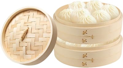 Bamboe Stoommandje voor Dim Sum, Rijst en Groenten - Aziatisch Kookaccessoire - Met Deksel - Ideaal voor Dumplings - 20 x 20 x 18,5 cm