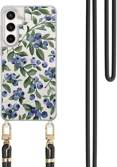 Telefoonhoesje met koord geschikt voor Samsung S24 FE - Blueberries - Inclusief Zwart koord - Transparant, Blauw - Print - Crossbody beschermhoes - Met Telefoonketting