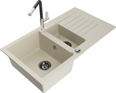 Mexen Matias granieten spoelbak 1,5-komor met afdruiprek en keukenkraan Flora, beige - 6502-69-670401-07-B