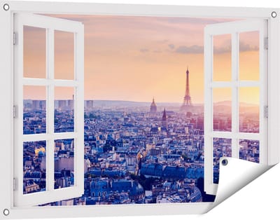 Gards Tuinposter Doorkijk Skyline van Parijs tijdens Zonsondergang - 90x60 cm - Tuindoek - Tuindecoratie - Wanddecoratie buiten - Tuinschilderij