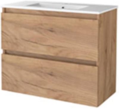 Basic-Line Start 39 Badkamermeubelset - Ondiep - 80 x 39 cm - Greeploos - 2 Lades - Keramische Wastafel - 1 Kraangat - Whisky Oak