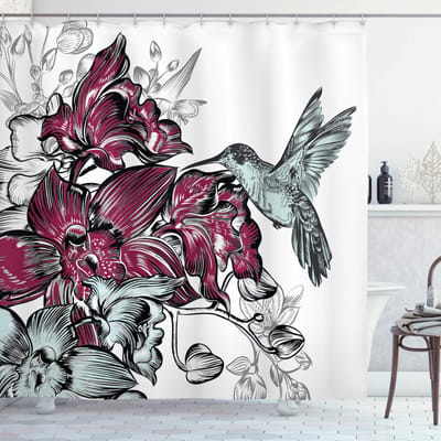 ABAKUHAUS Natuurlijke Douchegordijn – Orchideeën & Kolibrie – 175x200 cm – Bordeauxrood