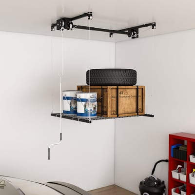 STILVORA Garageplafondrek – Handmatig Kurbelsysteem – 120 x 120 cm – Staal – Zwart – Voor Hoge Garages 300-360 cm – Met Veiligheidsvergrendeling