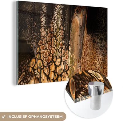 MuchoWow® Glasschilderij 60x40 cm - Schilderij acrylglas - Acrylverf - Bruin - Pouring Paint - Foto op glas - Schilderijen