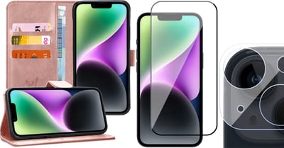 Hoesje geschikt voor iPhone 14 - Book Case Kunstleer Wallet Cover Portemonnee Pasjeshouder Hoes Roségoud - Full Tempered Glass Screenprotector - Camera Lens Protector