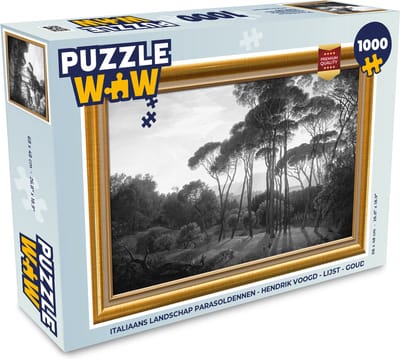 Puzzel Italiaans landschap parasoldennen - Hendrik Voogd - Lijst - Goud - Legpuzzel - Puzzel 1000 stukjes volwassenen