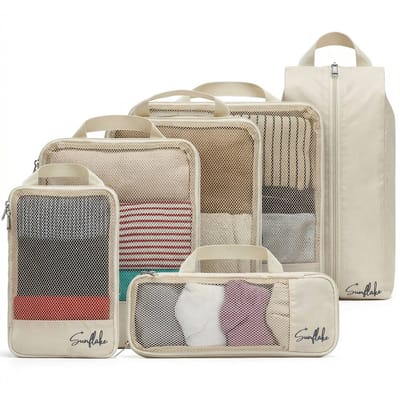 Compressie Packing Cubes - Packing Cubes met Compressierits - 6 stuks - Mesh Beige - Compression Cubes - Sunflake