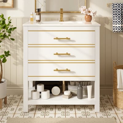 Wishdor - Badkamermeubel Met Keramische Wastafel - 2 Laden En Open Vak - Modern - MDF - Wit-Goud - 76 Cm