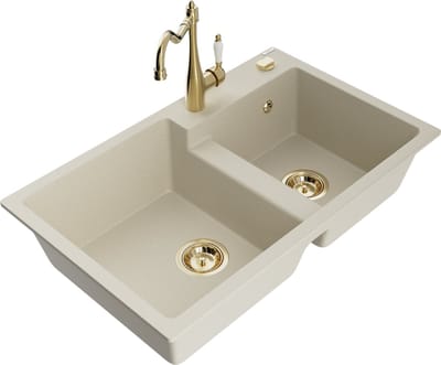 Mexen Tomas granieten gootsteen 2-kamer met keukenkraan Carla, beige - 6516-69-670700-50
