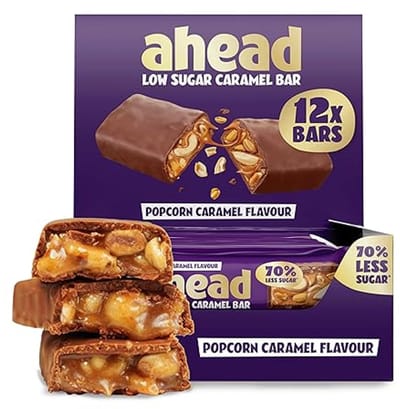 ahead Karamel Chocoladerepen – Caramel Candybars – Doos 12×38 g – Vezelrijk, Vegetarisch – 1,9–2,1 g Suiker per Reep