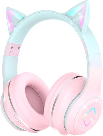 Thijox - Bluetooth Hoofdtelefoon voor Kinderen met Kattenoren, Oplichtende LED Lichten, Draadloos, Verstelbare Hoofdband, Stereogeluid, Microfoon voor