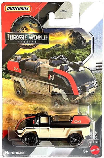 MATCHBOX OFF ROAD RESCUE RIG HARDNOZE 04 BLACK RED JURASSIC WORLD 1:64 METAL JGL13 LONG CARD