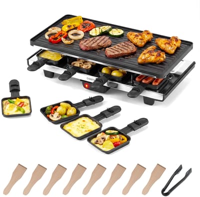 COSTWAY Raclette-grill voor 8 personen, elektrische grill met 2-in-1 omkeerbare anti-aanbakplaat en instelbare temperatuurregeling incl. 8 pannetjes, 8 houten spatels en tang, voor thuis en feestjes