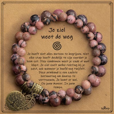 Bixorp Dubbele Matrix Rhodoniet Armbanden Set op Cadeau kaartje - Je ziel weet de weg - 18cm Edelsteen Kralenarmband - Inclusief Cadeau Envelop