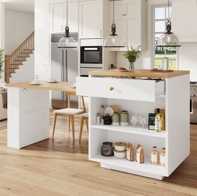 HAUSS SPOLE Keukenkast - Uitschuifbaar Werkblad En Opbergruimte - Voor Keuken En Eethoek - MDF En Metaal - 122,5-195,5x70x93,8 Cm - Wit