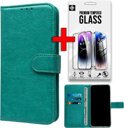 Casemania Hoesje & Glas Geschikt voor Apple iPhone 16e - Turquoise - Portemonnee Book Case - Glazen Screenprotector