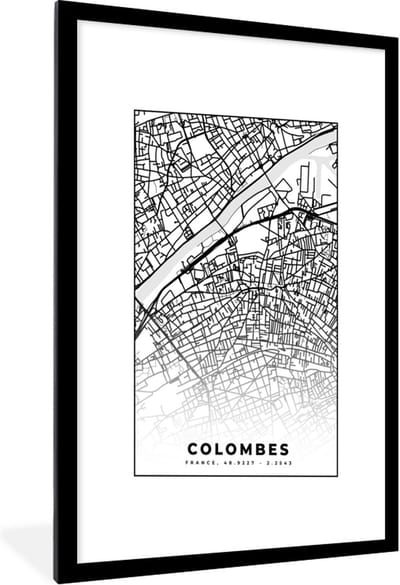 Fotolijst incl. Poster Zwart Wit- Stadskaart - Colombes - Plattegrond - Kaart - Frankrijk - Zwart wit - 60x90 cm - Posterlijst