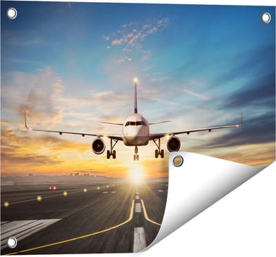 Gards Tuinposter Vliegtuig met een Landing op de Luchthaven - 50x40 cm - Tuindoek - Tuindecoratie - Wanddecoratie buiten - Tuinschilderij