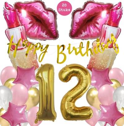 Snoes Mega Beauty Helium Ballonnen Set 12 Jaar - Roze Helium Folieballonnen - Slinger Happy Birthday Goud