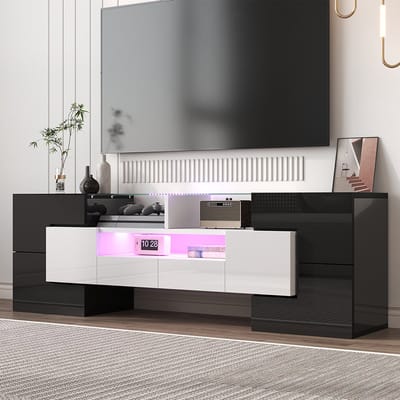 KOMHTOM Stijlvolle tv-kast - modern lowboard met elegant glazen oppervlak - hoogglanzend wit, 145 cm - met led-verlichting