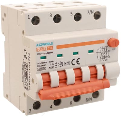 Driefasige RCBO Stroomonderbreker 16A C-curve 300mA Type A